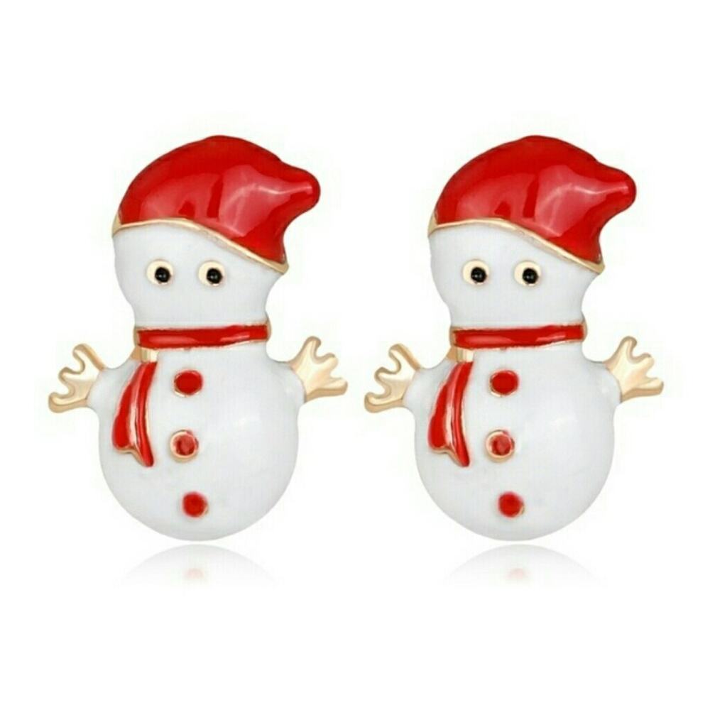 Snowman Stud Earrings X-mas Red White Gold